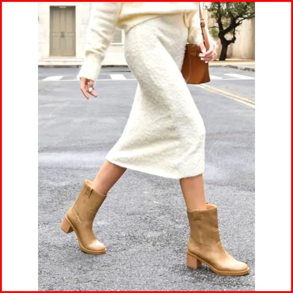 Platform Mid Calf Boots Chunky Block Heel Round Toe Slip On